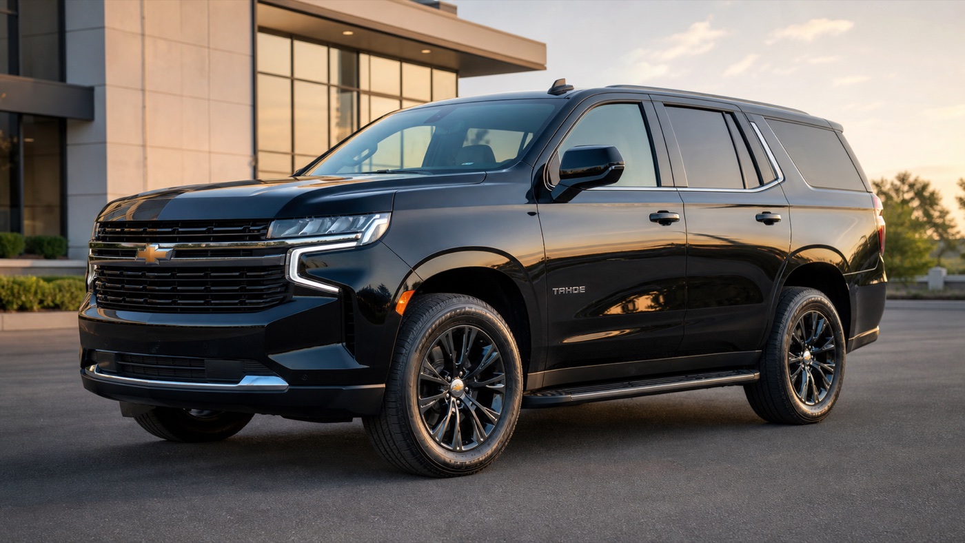 Black SUV photographed outside at sunset