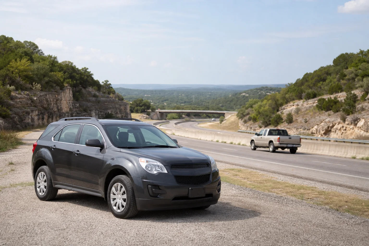 Representative used vehicle and Texas road scene for San Antonio-area shoppers