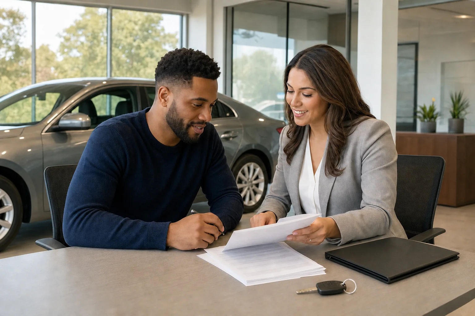 Shopper reviewing representative auto-financing documents beside an unbranded used sedan for Abilene