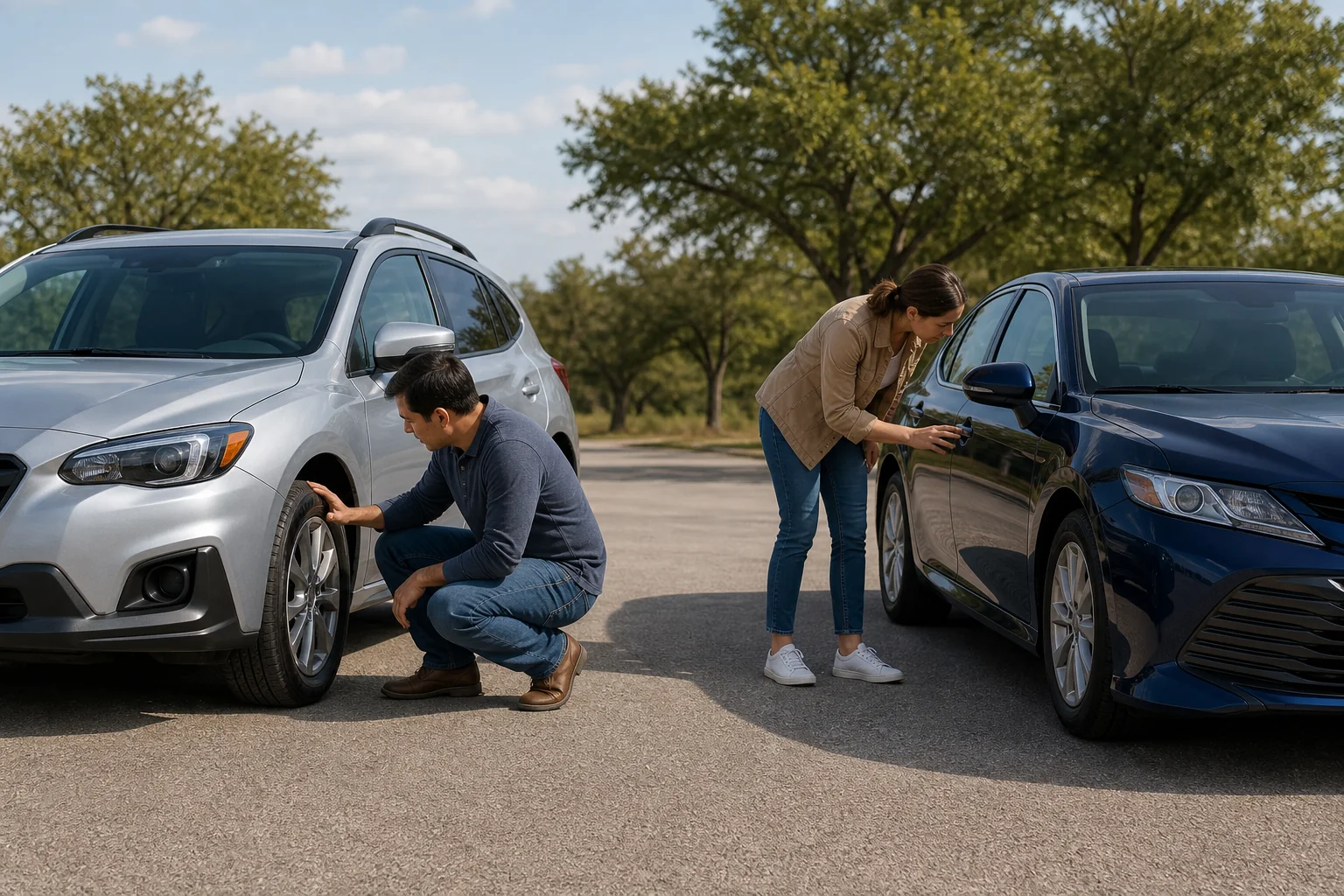 Shoppers carefully inspecting representative used vehicles for the Abilene buying guide
