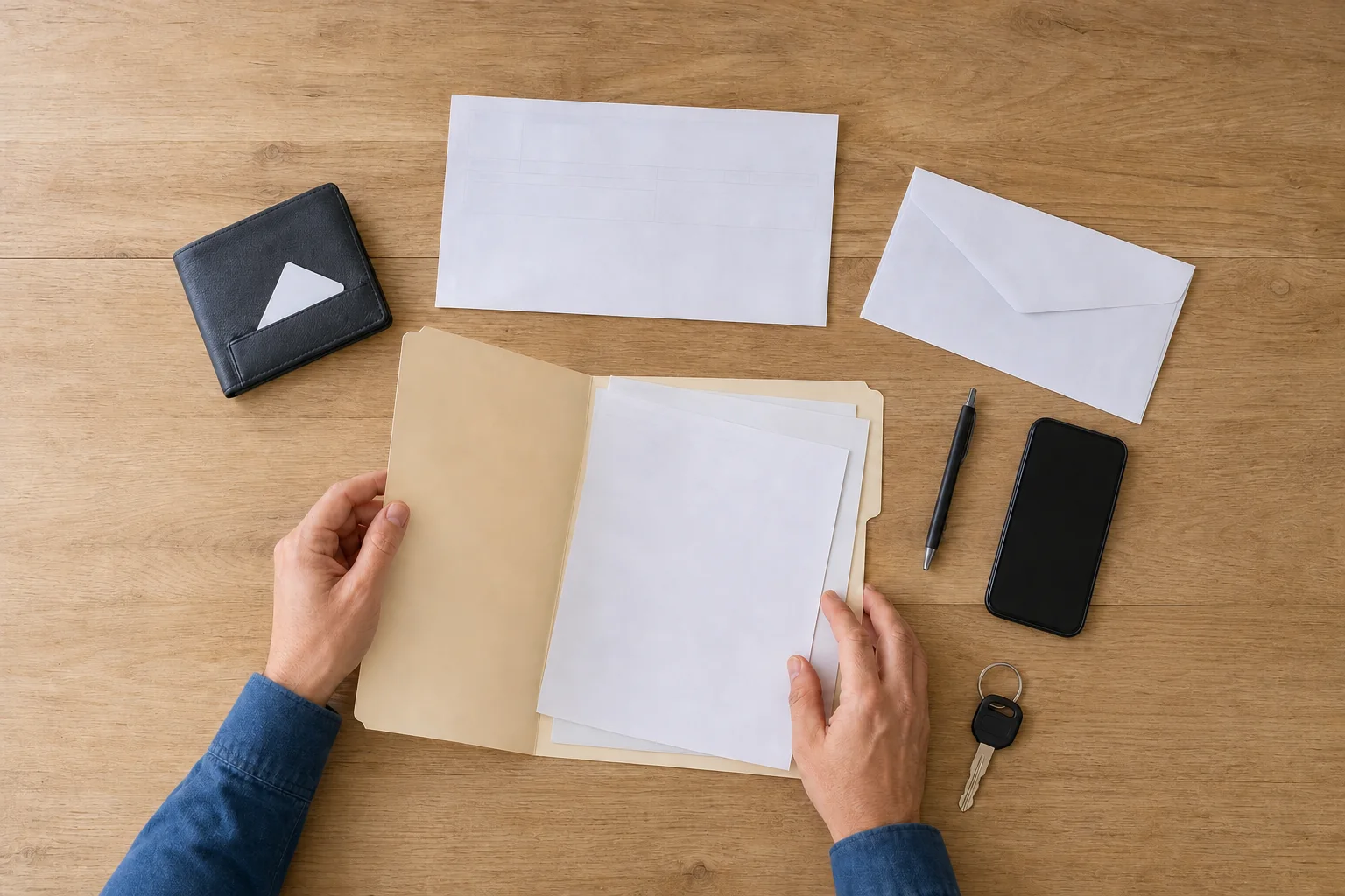 Organized blank document checklist, phone, wallet, and vehicle key for Abilene financing preparation