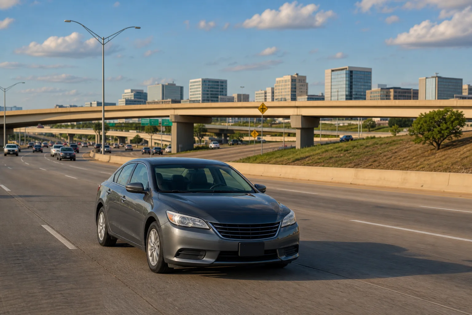 Representative used vehicle and Texas road scene for Carrollton-area shoppers